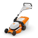 An orange and white lawnmower with a sleek, modern design. It features a comfortable handlebar and sturdy wheels, conveying efficiency and functionality.