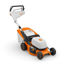 A sleek orange and white electric lawn mower with an ergonomic handle, four wheels, and a grass collection box, conveying efficiency and modern design.