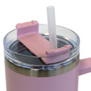 A view of the top of the water bottle with a clear lid and a straw.