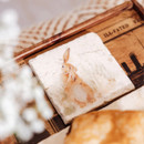 A view of a marble coaster of a hare on it