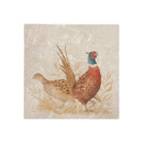 A view of a medium platter with a pheasant on it on a white background