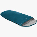 Teal sleeping bag partially unzipped, revealing a light gray interior, designed for camping and outdoor adventures.