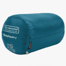 Teal-colored sleeping bag by Highlander, labeled as "Sleephaven-J," featuring a left zip and designed for two-season use.