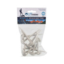 A transparent bag containing ten mushroom-shaped ground sheet pegs, ideal for securing outdoor equipment, with a mountain background design.