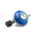 A blue gas regulator with two metal outlets and a black knob, labelled with a green sticker and safety certifications.