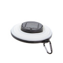 Collapsible solar lantern with a black top and white silicone body; features a carabiner for easy attachment. Ideal for outdoor use.