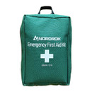 Green emergency first aid kit with white text reading "NORDROK Emergency First Aid Kit" and a medical cross symbol on the front.