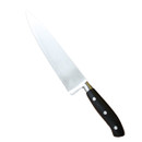 A large knife with a black handle.
