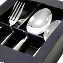 A close up view of a knife, fork, tablespoon and teaspoon.
