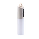 Portable white LED lantern with a grey top and a loop for hanging, featuring control buttons on the side.