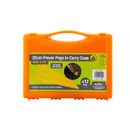 Bright orange carry case containing 12 power pegs for secure camping, featuring a peg puller and hooks for stormy weather.