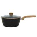 A side view of a black saucepan with a wood effect handle and a clear lid.