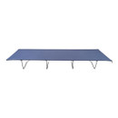 A blue camping bed with sturdy black metal legs, designed for outdoor sleeping or resting.
