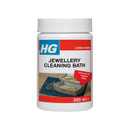 A 300 ml bottle of HG Jewellery Cleaning Bath, promoting restoration of shine for jewellery, with an image of cleaned jewellery in a box.