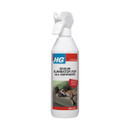 A spray bottle of HG Odour Eliminator for all surfaces, designed to remove odours, featuring a sleeping dog on a couch.