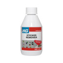 A white bottle of HG Sticker Remover, 300 ml, labelled for living room use, effective for removing stickers, tar, and heel marks.