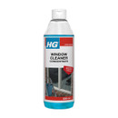 A 500 ml bottle of HG Window Cleaner Concentrate, featuring a streak-free guarantee, displayed with a bucket and window in the background.
