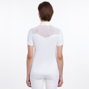 A woman is wearing a short-sleeve, white shirt with a lace back, viewed from the back against a plain white background.