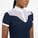 A close-up of a stylish navy dress with a white collared neckline and sheer patterned overlay, ideal for a chic look.