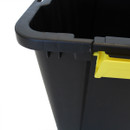 Close-up of a black plastic storage bin with a yellow latch. The image shows the corner of the bin, emphasizing its sturdy build and simplicity.