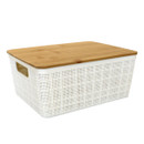 A side view of a white storage box with a woven effect and a bamboo lid.