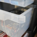 A close up view of the clear drawers.