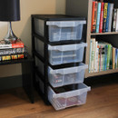 A side view of a four drawer storage box unit with a black structure and clear drawers pulled open.