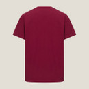 Back view of a plain maroon t-shirt with short sleeves and a crew neckline, displayed against a white background. Back view of a plain maroon t-shirt with short sleeves and a crew neckline, displayed against a white background.