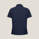Back view of a short-sleeved navy blue polo shirt, featuring a classic collar and a clean, minimalist design. Back view of a short-sleeved navy blue polo shirt, featuring a classic collar and a clean, minimalist design.