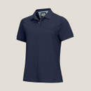 Navy blue short-sleeve polo shirt with a classic collar and two-button placket, featuring a small logo on the chest. Navy blue short-sleeve polo shirt with a classic collar and two-button placket, featuring a small logo on the chest.