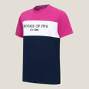 A colourful women's t-shirt featuring pink sleeves, a white stripe with "HOGGS OF FIFE Est 1888" text, and a navy blue body.