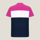 Back view of a short-sleeve tee shirt featuring horizontal stripes in pink, white, and navy blue.