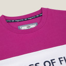 Close-up of a pink cotton t-shirt with a white stripe and "Hoggs of Fife" logo, showcasing its neckline and label.