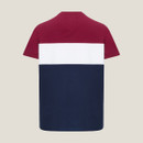 Back view of a short-sleeve t-shirt featuring a maroon top, white middle, and navy blue bottom in a colour-block design.