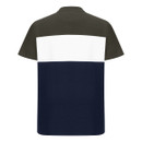 Back view of a colour-block polo shirt in olive green, white, and navy blue, featuring short sleeves and a classic collar design.