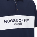Navy polo shirt featuring a white horizontal stripe with "HOGGS OF FIFE" and "Est 1888" embroidered in dark blue text.