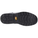 Sole of a black Caterpillar boot with a rugged tread design, featuring a prominent CAT logo in yellow at the centre.