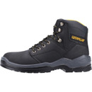 Black waterproof work boot from Caterpillar featuring lace-up design, yellow logo, and rugged sole for enhanced traction.