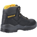 Black Caterpillar work boot with yellow accents, featuring metal eyelets, padded collar, and rugged sole for durability and support.