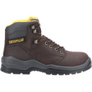 Brown Caterpillar work boot with yellow accents, featuring metal eyelets and a rugged sole for enhanced grip and support.