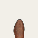 Close-up of a brown leather cowboy boot showcasing intricate stitching and a pointed toe design against a neutral background.