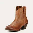 Brown leather cowboy boot with a low heel, decorative stitching, and pull tabs, showcasing a classic Western style.