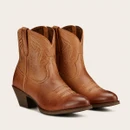 Pair of tan brown leather Western ankle boots with decorative stitching, pull tabs and stacked heels.