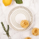 A top view of a grey Mary Berry pasta bowl on a table with pasta in it