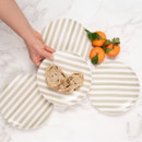 A view of grey striped Mary Berry side plates on a table