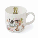 A whimsical ceramic mug featuring a dog in a wheelbarrow, surrounded by vegetables and rabbits, with rain boots inside.