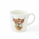 A white mug featuring a Highland cow with flowers, inscribed "Thank you so Mooch" inside.