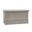 A rectangular outdoor storage box made of woven grey wicker, featuring a hinged top and side handles for easy access.