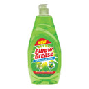 A bottle of Elbow Grease washing up liquid in vibrant green, labelled "apple fresh," highlighting its grease-cutting power.
