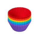 Silicone cupcake cases stacked inside each other in varying bright colours.
